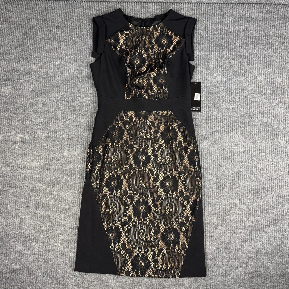 Adrianna Papell Sheath Dress Womens 2 Lace Panel Sleeveless Knee Length Cocktail